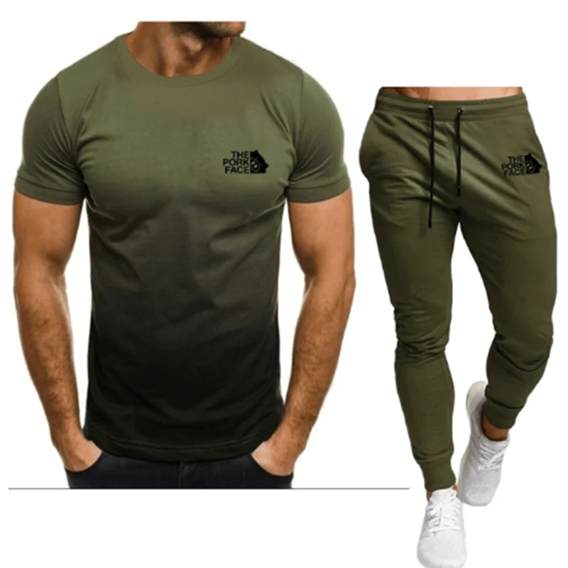 2023 new summer men's round-neck T-shirt+trousers sports suit men's suit street wear short-sleeved polo shirt casual sports suit
