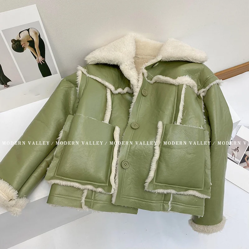 jacket fur Faux for lamb women 2023 winter new double faced fur fleece fashion chic coat locomotive short faux leather jacket