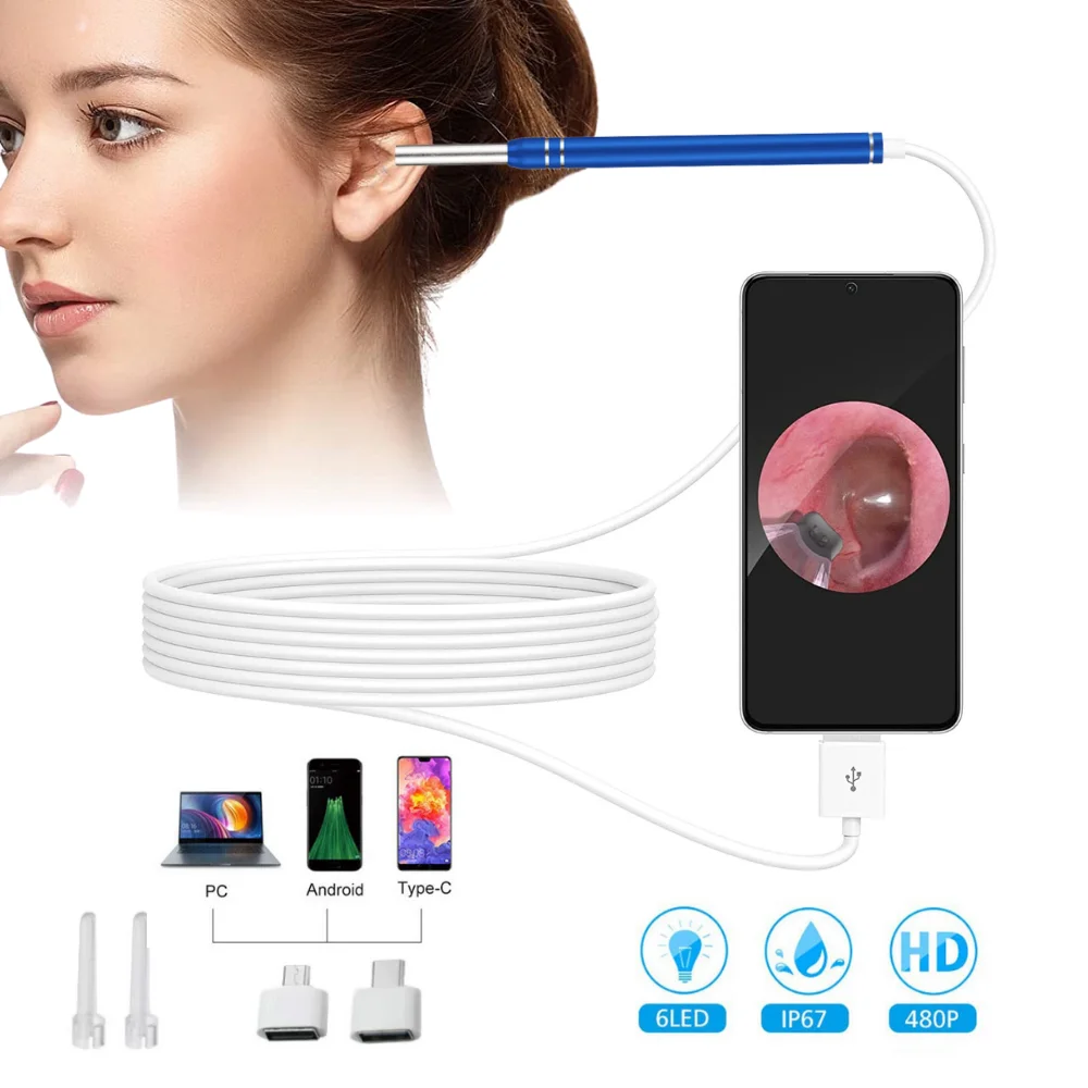 5.5MM HD Visual Ear Endoscope 3 in 1 USB Veterinary Otoscope Ear Wax Cleaning Inspection Otoscopio Tools for Android Phone PC