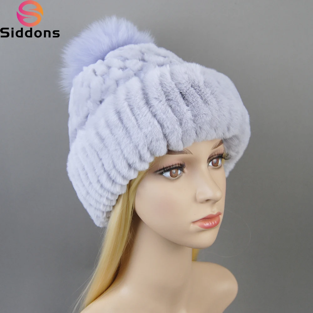 New Winter Warm Real Rex Rabbit Fur Hats Beanies 100% Natural Fur Caps Fashion Knitted Genuine Fur Hat With Silver Fox Fur Ball
