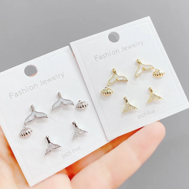 

Wholesale Micro Inlaid Zircon Fishtail Three-Piece Earrings One Card Three Pairs Combination Sterling Silvers Needle