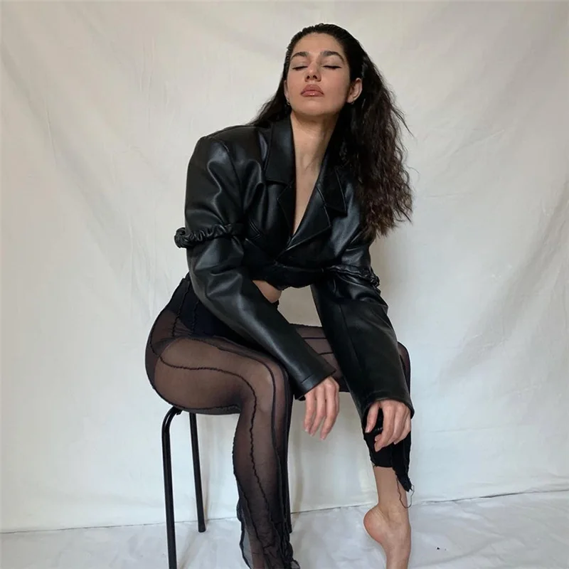 Autumn Fashion Women's Long Sleeve Lapel Navel Slim PU Leather Jacket Mini Short Coat Jackets Jaqueta Feminina  Vintage