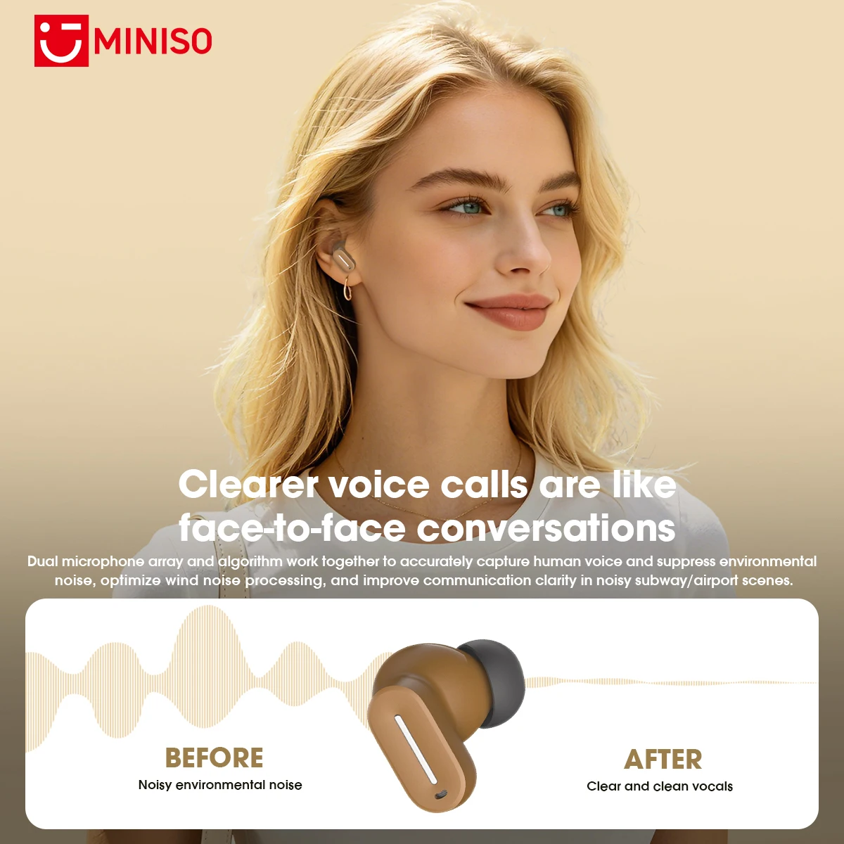 Фото Беспроводные Bluetooth-наушники MINISO MS132 TWC для офиса и путешествий, с шумоподавлением ENC, низкой задержкой при звонках, спортивные внутриканальные наушники №5