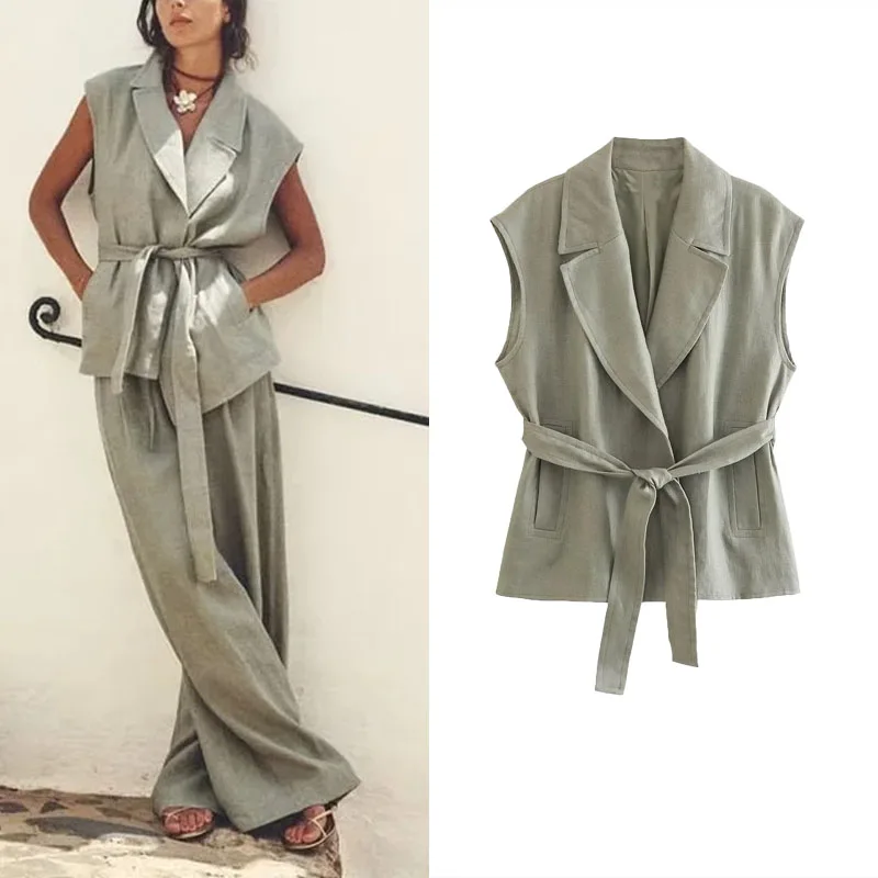 

TRAF Belted Vest For Woman 2023 Lapel Sleeveless Blazer Casual Loose Vests Fashion Tied Belt Outfits Women Summer