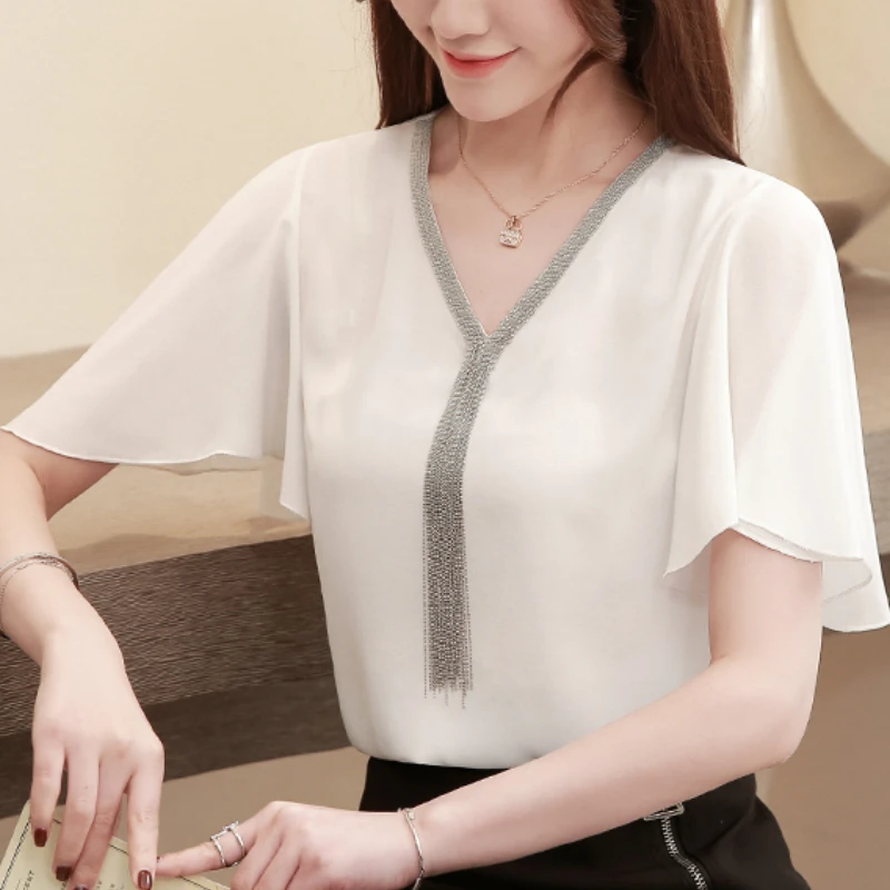 

Woman Elegant Stylish Tops and Blouses Short Sleeve Shirts White Chiffon Clothing Women's V-Neck Solid Office Lady Blusas 3897