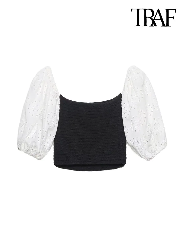 

Модная женская вышитая вышивка TRAF, трикотажная женская рубашка в винтажном стиле с прямым вырезом и рукавами-фонариками, блузы, шикарные то...