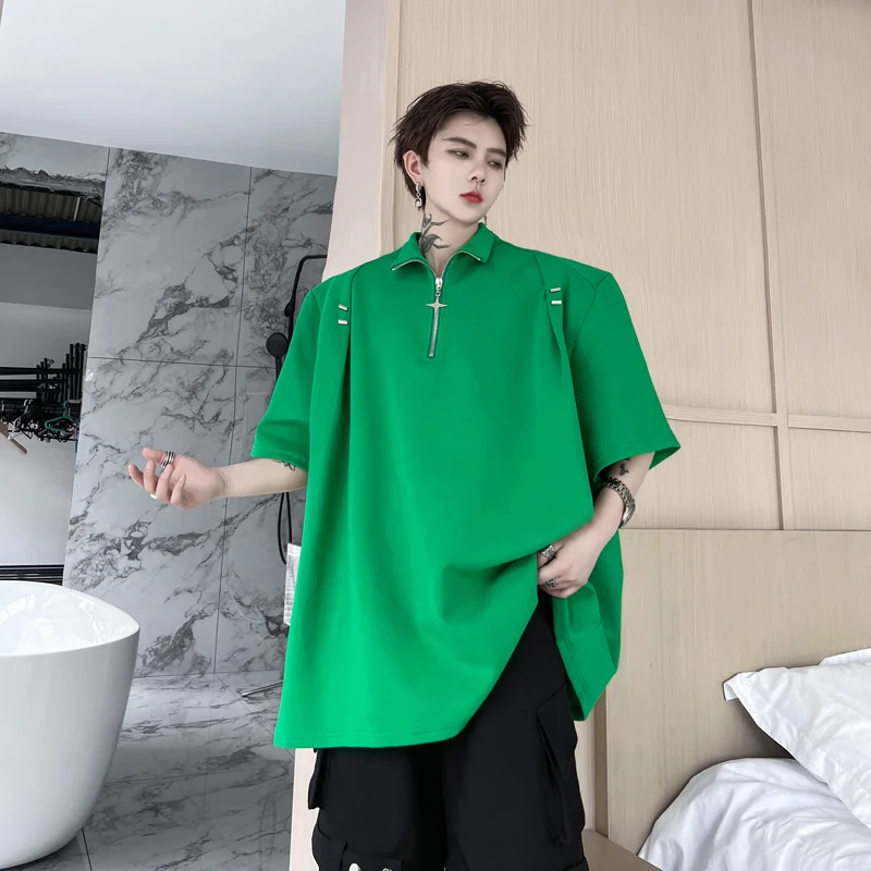 

Футболка SYUHGFA мужская с воротником-стойкой, модный топ на молнии с коротким рукавом, Однотонная рубашка с заклепками и складками, в Корейском стиле, на лето