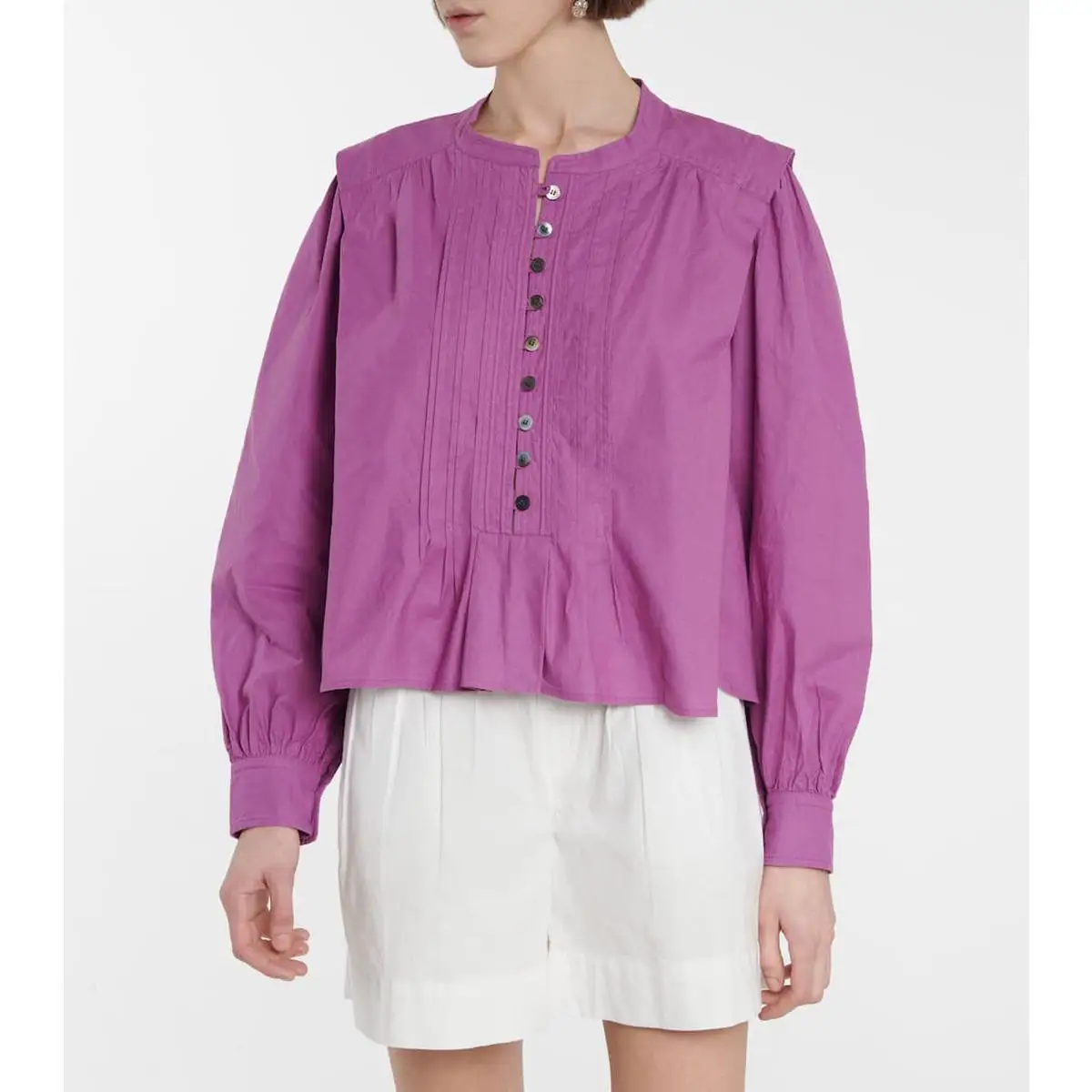 

Women Pleated Shirt 2022 Early Spring New Long Sleeve O-neck Solid Color Female Simple Blouse with Buttons