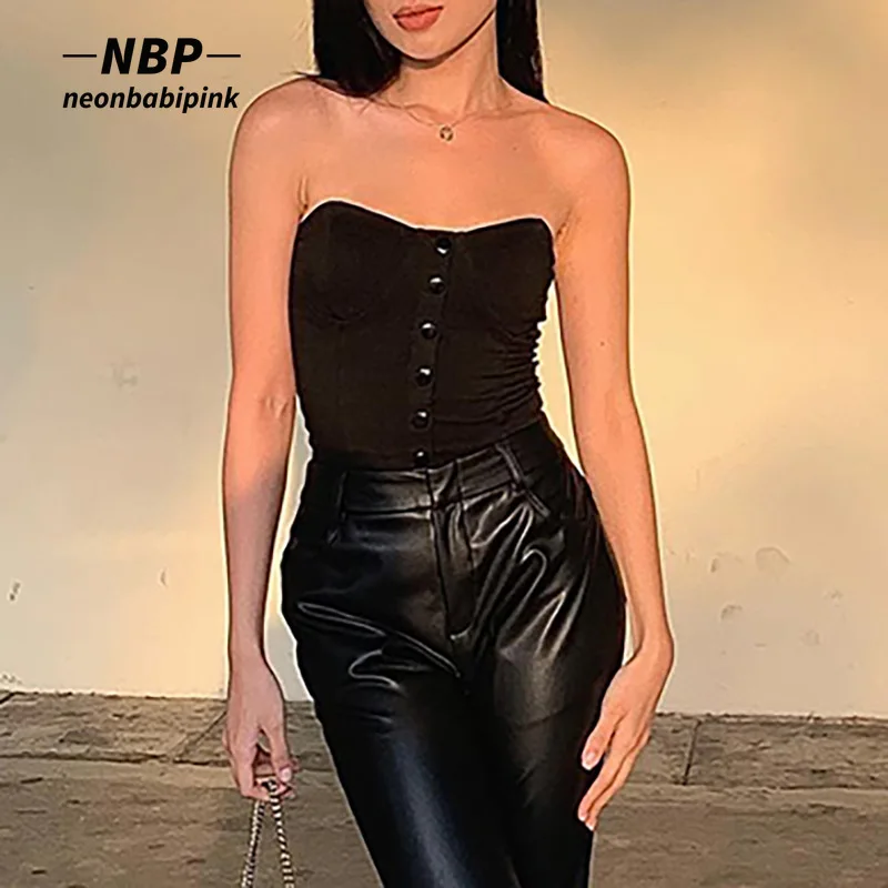 

Сексуальный черный топ-труба NEONBABIPINK, летние Клубные наряды для женщин, коллекция 2022 года, укороченный топ на пуговицах с открытой спиной, же...