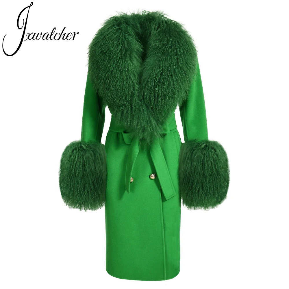 Abrigo de lana de Cachemira para mujer, abrigo de doble cara con cuello de piel de oveja mongol Real de lujo, cinturón, gabardina larga para invierno y otoño