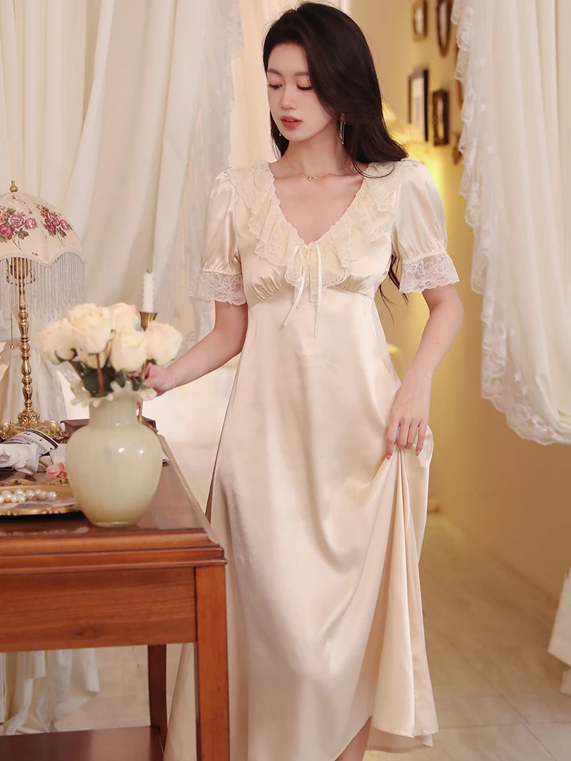 Women Femme Summer French Vintage Princess Sexy Gown Nightdress Short Sleeve V-Neck Ruffles Lace-up Home Pajamas Fairy Sleepwear