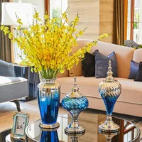 Light luxury gradient sapphire blue glass vase Nordic decorative home art storage vase with lid living room ornaments