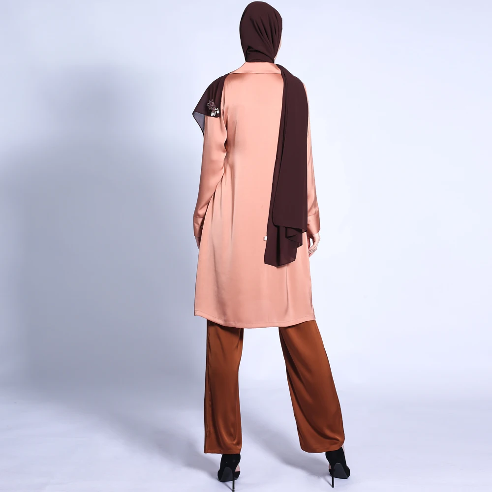 Muslim Women 2 Piece Set Casual Long Sleeve Tops Wide Leg Pants Trousers Suit Dubai Abaya Turkish Islamic Clothing