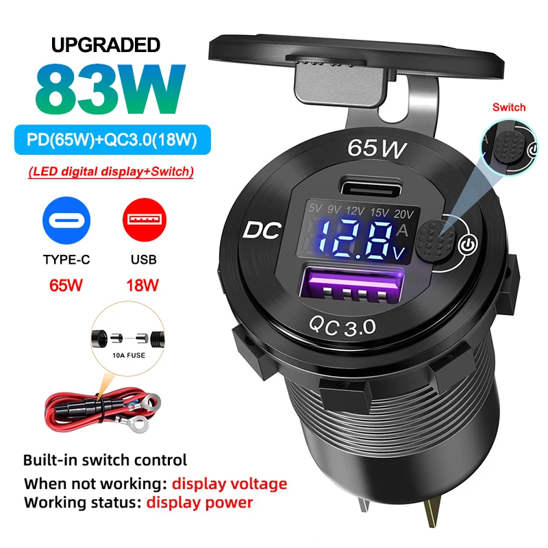 

Модернизированное автомобильное зарядное устройство PD мощностью 83 Вт, USB-розетка 12 В/24 В для ноутбука, розетка для порта QC3.0 со светодиодным цифровым дисплеем и выключателем питания для ATV RV