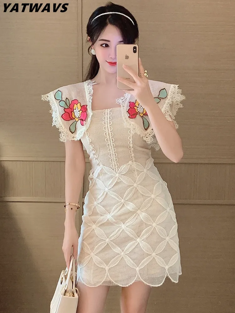Vintage Flower Embroidery Women's Dress 2022 New Summer Lace Hollow Crochet Vacation Dresses Female Sleeveless Bodycon Vestidos