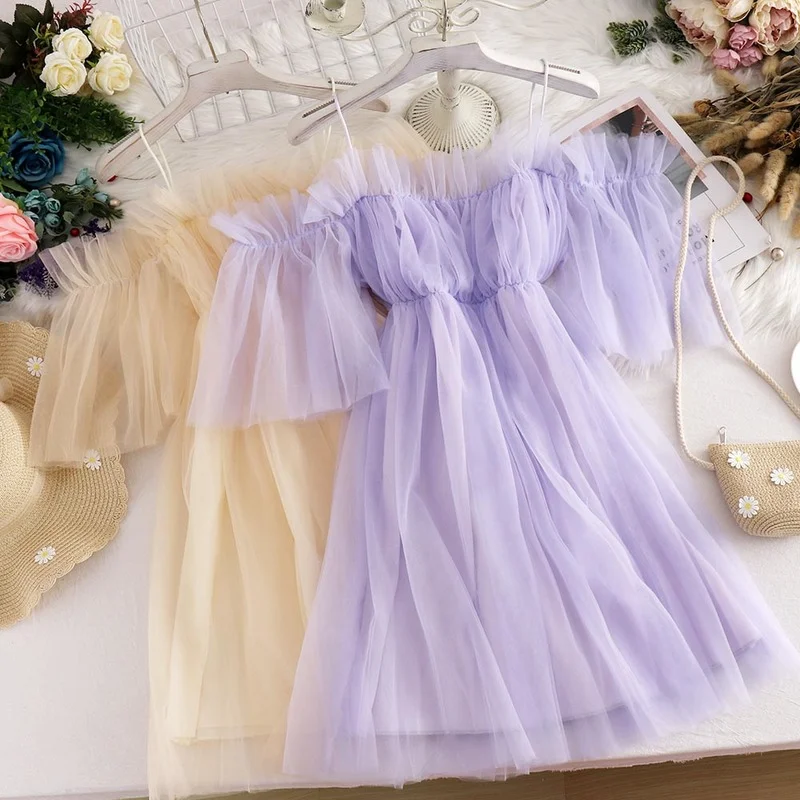 

Летнее однотонное милое платье на бретельках для женщин, элегантное привлекательное мини-платье принцессы с воротником-лодочкой, газовое с...