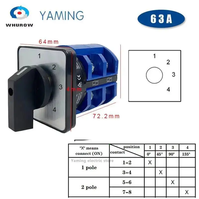 

LW26-63 Поворотный кулачковый переключатель 63А, 2 уровня полюса, 8 винтовых клемм, многопозиционный универсальный переключатель YMW26-63/2