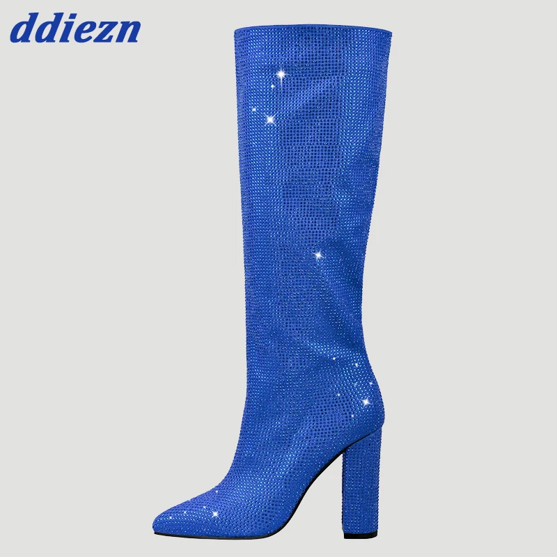 

Big Size 2023 In New Fashion Bling Rhinestones Woman Knee High Boots Chunky Heels Ladies Long Boots Slip On Female Pumps Shoes