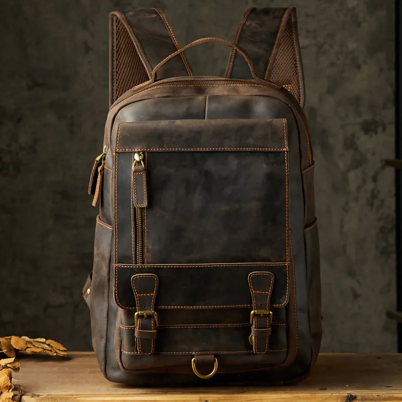 

AETOO Handmade Crazy Horse Leather Backpack Men's First Layer Leather Retro Backpack Outdoor Travel Bag Leather Schoolbag Perso