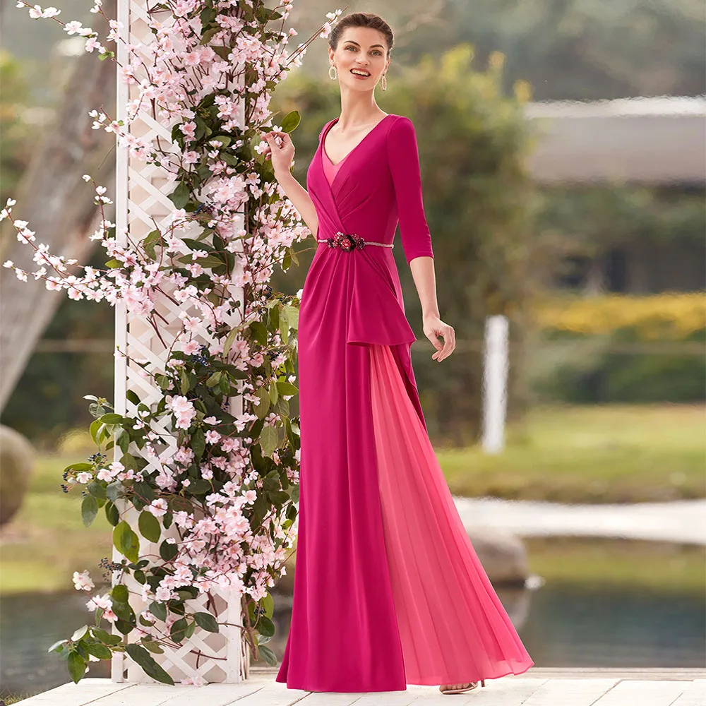 

2022 Mother of the Bride Dresses Long Chiffon 3/4 Sleeves A Line Wedding Guest Gowns for Women V Neck Bead Elegant Evening Dress