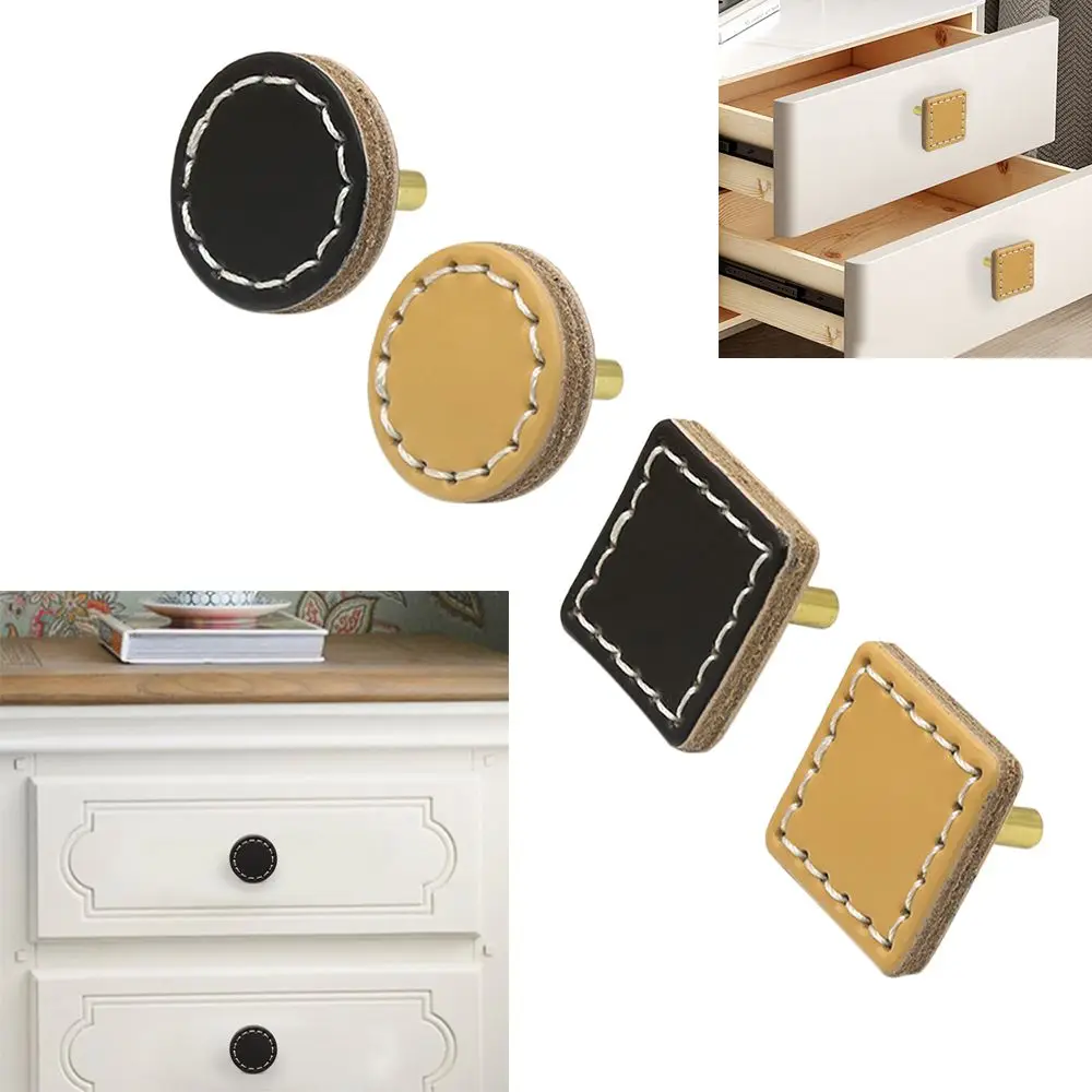2 ШТ Круглые квадратные черные/бежевые кожаные ручки для мебели с отверстием для одежды, ящиков, шкафов и дверей с двойным крюком двойного назначения.