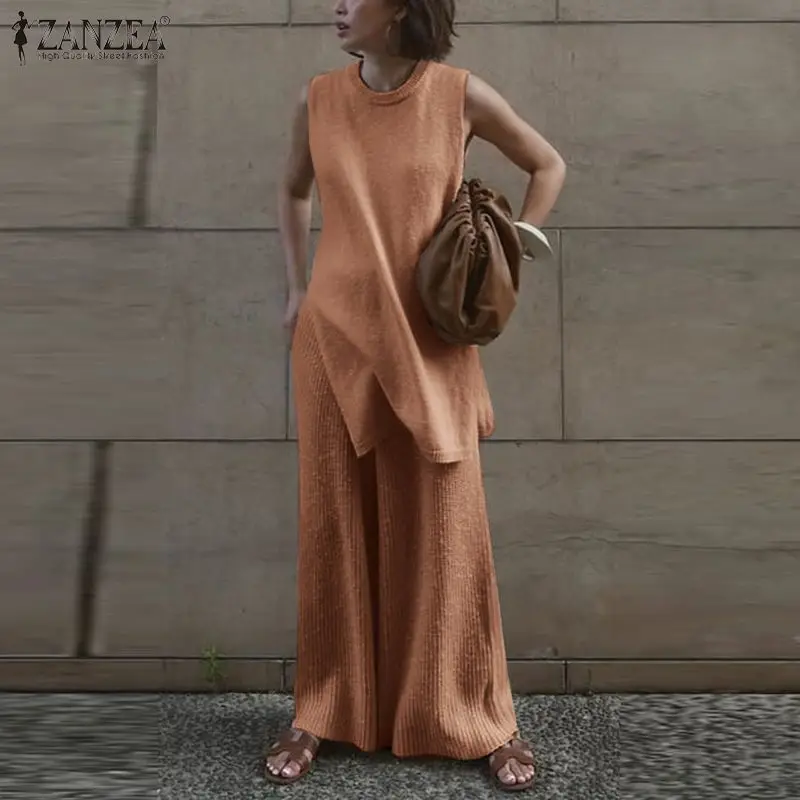 

Vintage Loose Wide Leg Pant Sets Women Casual Solid Sleeveless Matching Sets ZANZEA 2022 Spring Lace Up Retro OL Suits Femininas