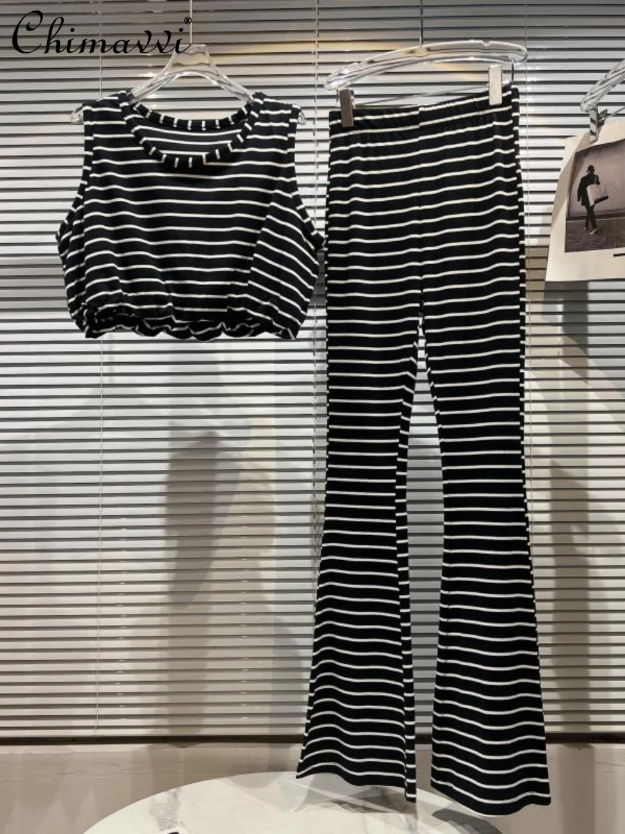 

Женский костюм-двойка в полоску, черный и белый свободный короткий жилет с высокой талией и широкими штанинами, повседневный облегающий кос...