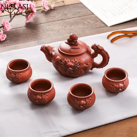 Yixing чайник ручной работы с фильтром, фиолетовая глина, индивидуальный подарок, чайник Xishi, один горшок с четырьмя чашками, дорожный чайный се...