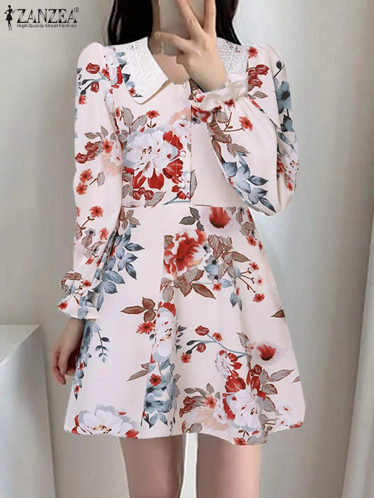 

Платье ZANZEA женское с цветочным принтом, элегантный кружевной мини-сарафан с рукавами-фонариками, модное короткое ТРАПЕЦИЕВИДНОЕ ПЛАТЬЕ с воротником «Питер Пэн» на талии