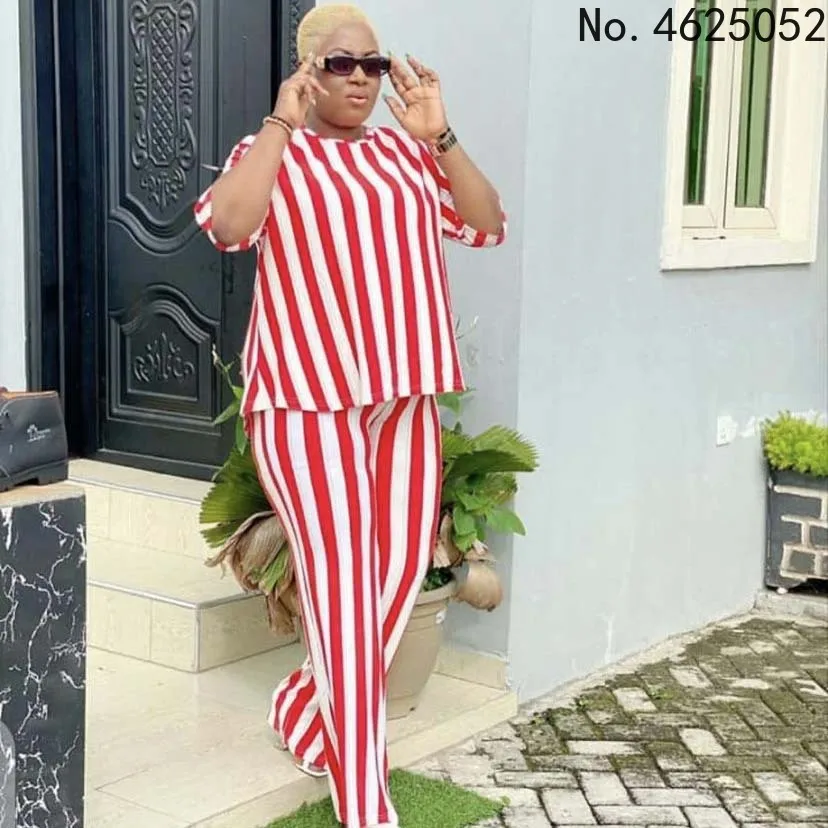 

Casual Two Piece Set Women T Shirt 3/4 Sleeve Tops And Trousers Outfits Autumn Striped Print Office Lady Pant Suits Matching Set