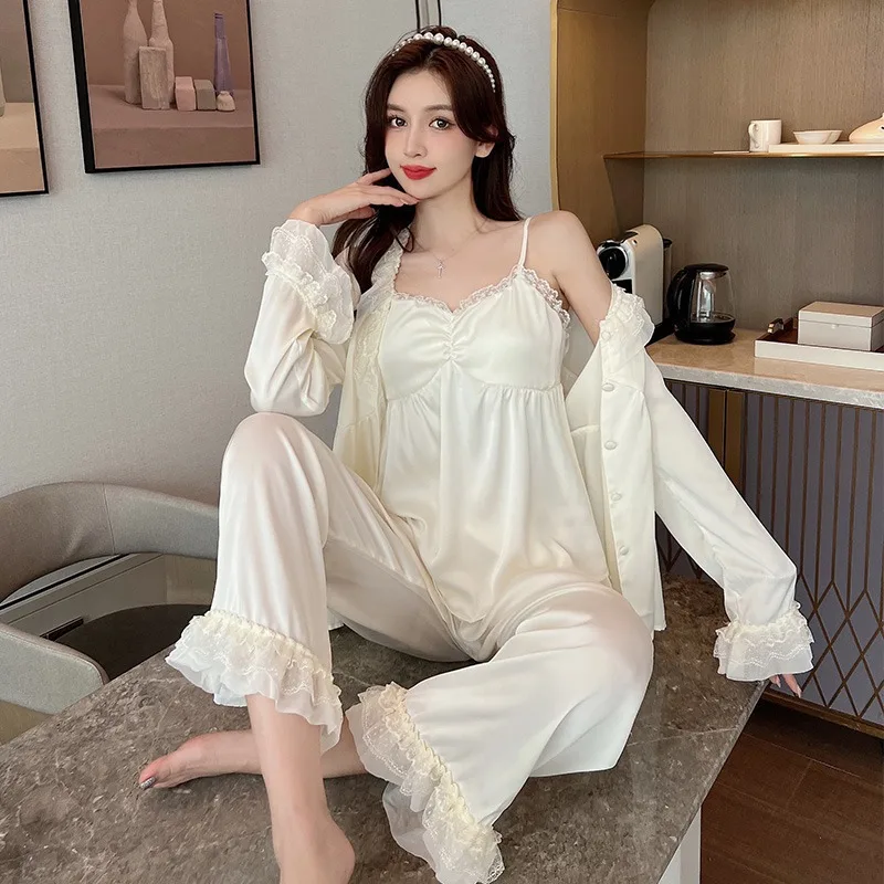 Three-piece Pajamas Suit Women's Suspenders Ice Silk Long-sleeved Lace Cardigan Simple Thin Spring Autumn Trousers Set