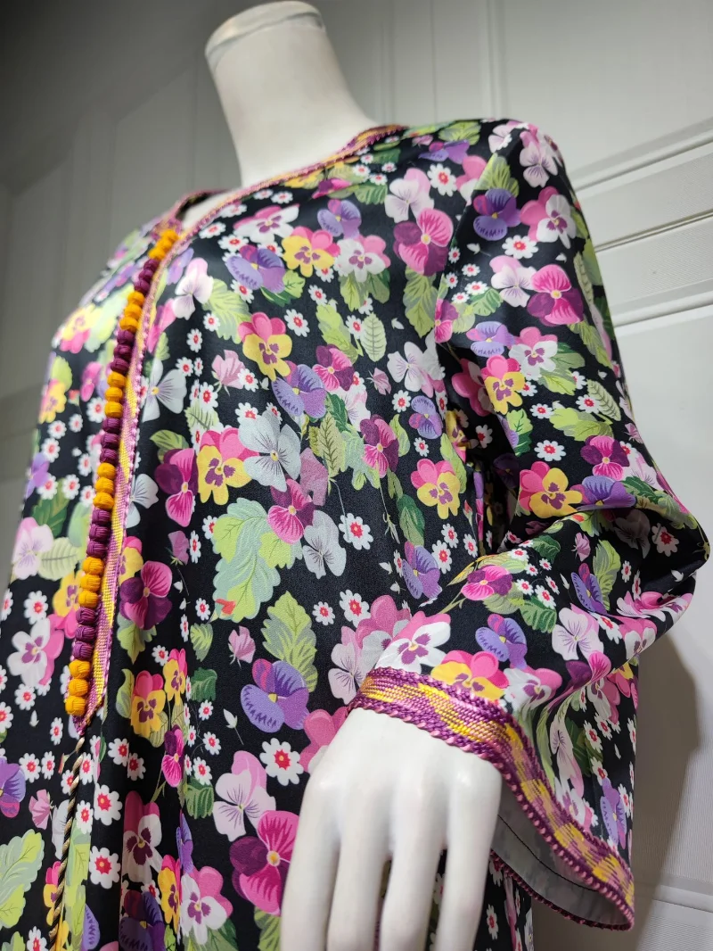 Modest Dress Elegant Casual Summer Floral Printed Long Dresses V-Neck Lace Tape Robe Muslim Women Abaya Dubai Clothing