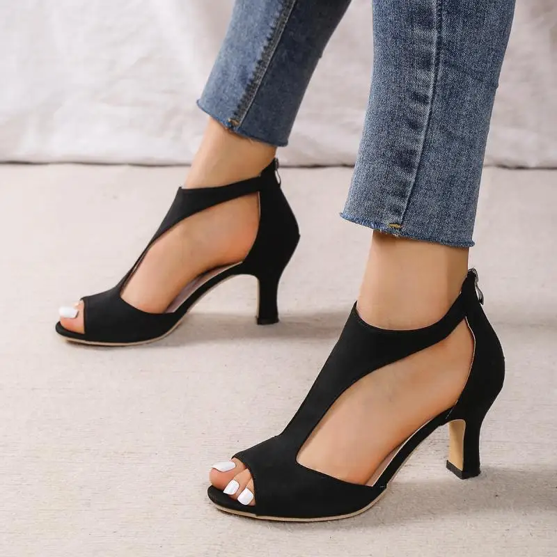 

QIWN 2023 Fashion High Heels Back Zipper a1 Peep-toe Shoes Side Hollow Slim Heel