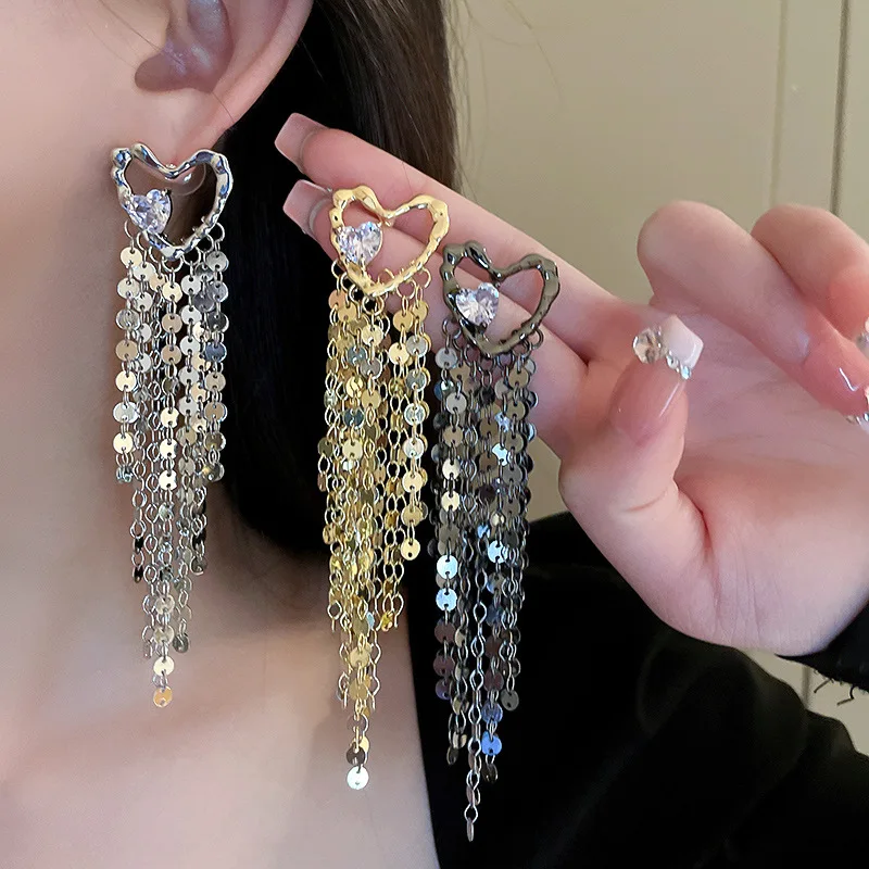 

New Bling Bling Sequins Zirconia Heart Earrings For Women Statement Jewelry Gold Silver Color Tassel Long Earings Wholesale