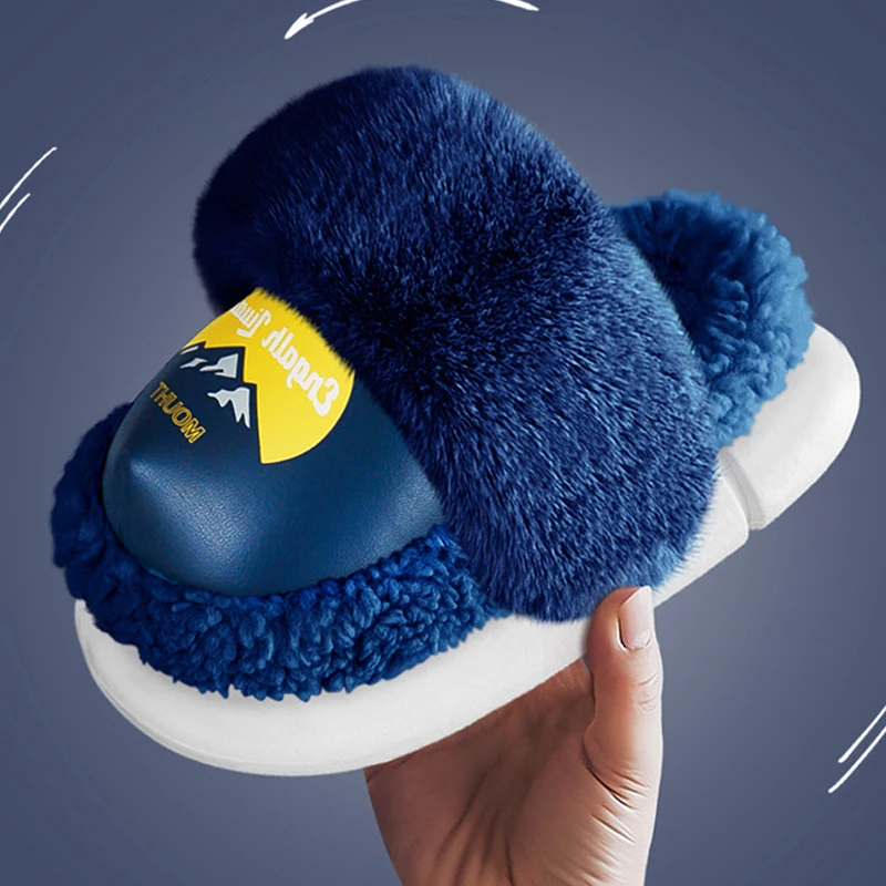 Women Slippers for Home Winter Shoes With Fur PU Waterproof House Slippers for Female Warm Non-slip Couple Indoor Slippers Girls