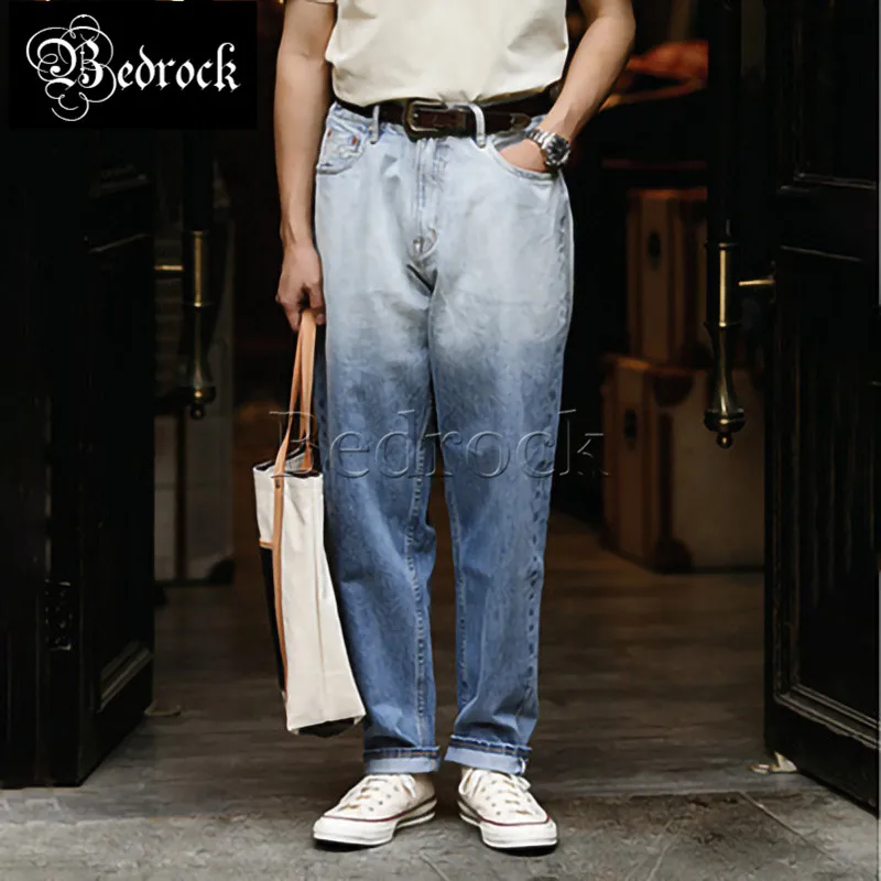 MBBCAR 14.5oz one washed selvedge denim jeans loose pencil pants for men fixed color original white blue gradient jeans 7372