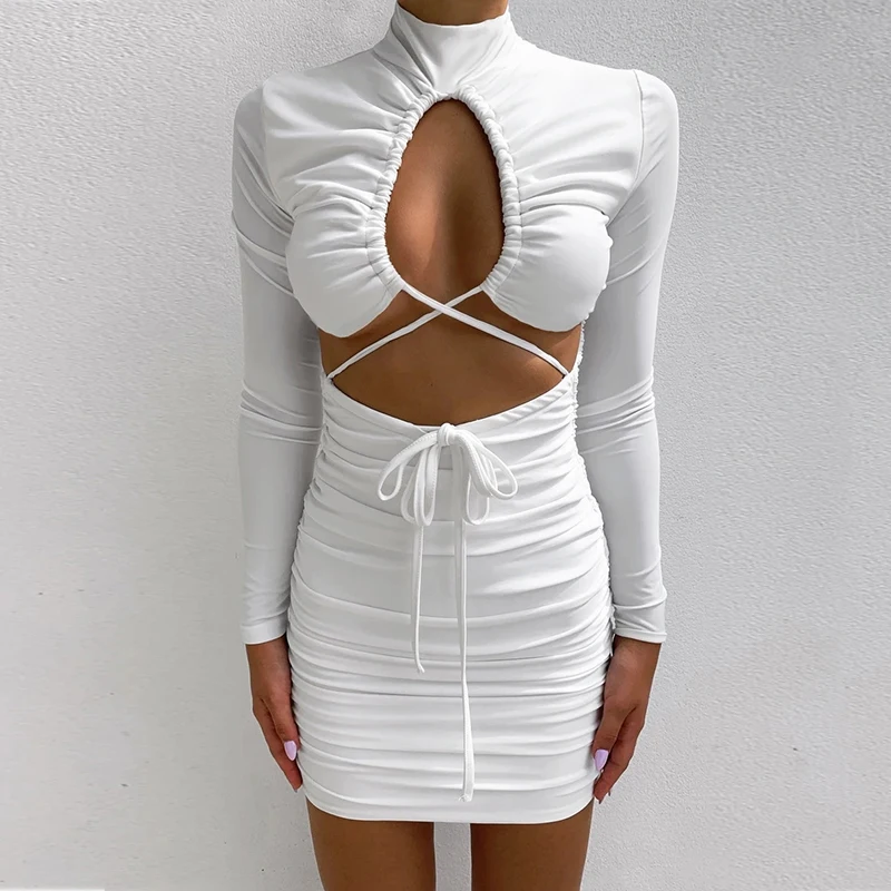 

Sexy Dress White V-neck 2022 New Summer Hollow Folding Party Fashion Celebrity Long Sleeve Casual Mini Dress New High Quality