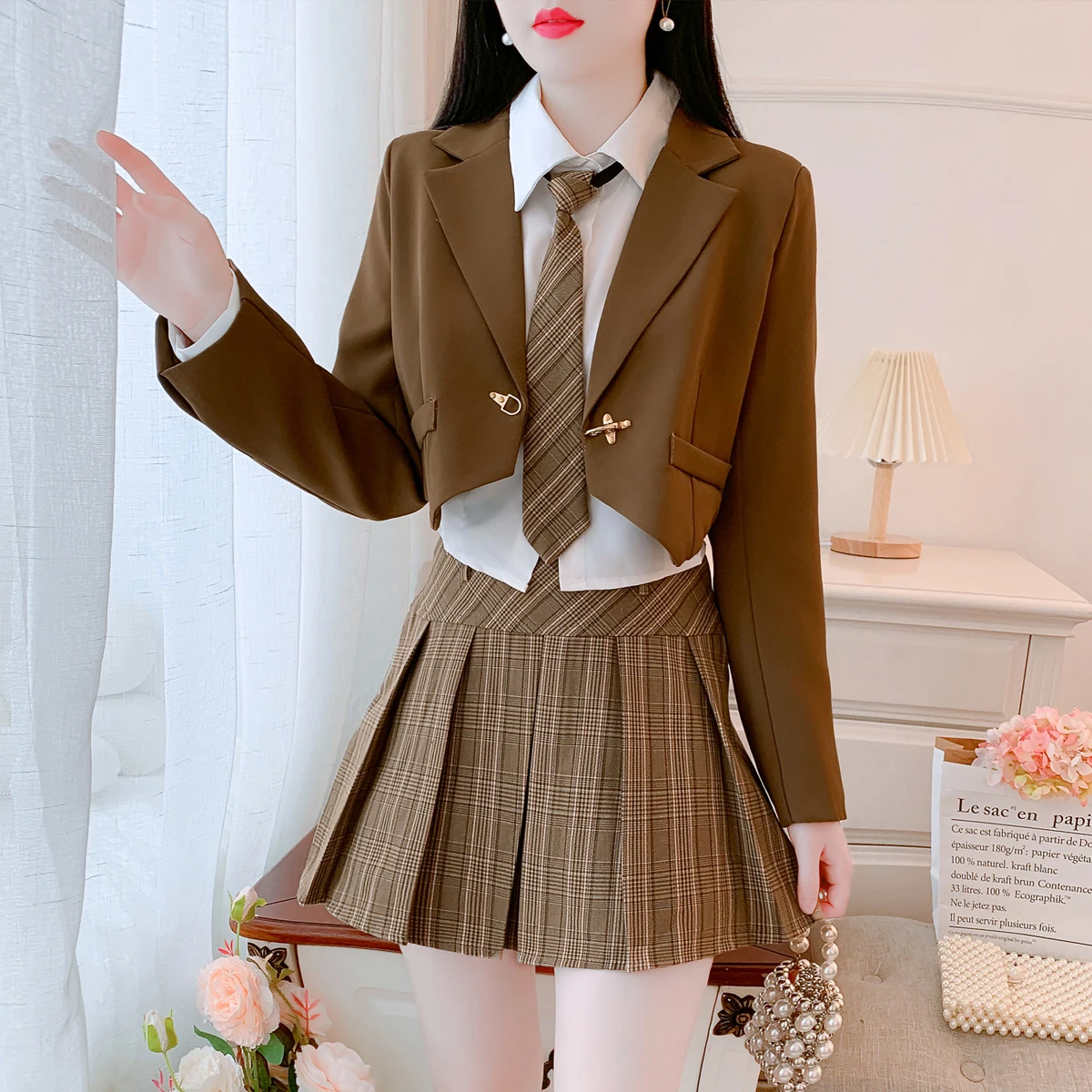 

Korean College Style Suit Coat For Women Spring Autumn 2023 New Crop Blazer And Shirt & Tie Skirt Two-Piece Loose Suit For Women