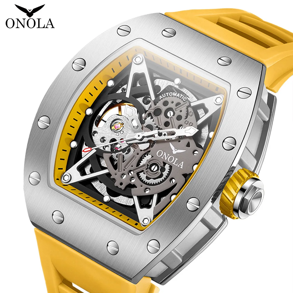 

2023 Hot Luxury Brand ONOLA Men's Mechanical Watch Casual Tonneau Index dial Rubber Strap Sport Waterproof Automatic Watch Men