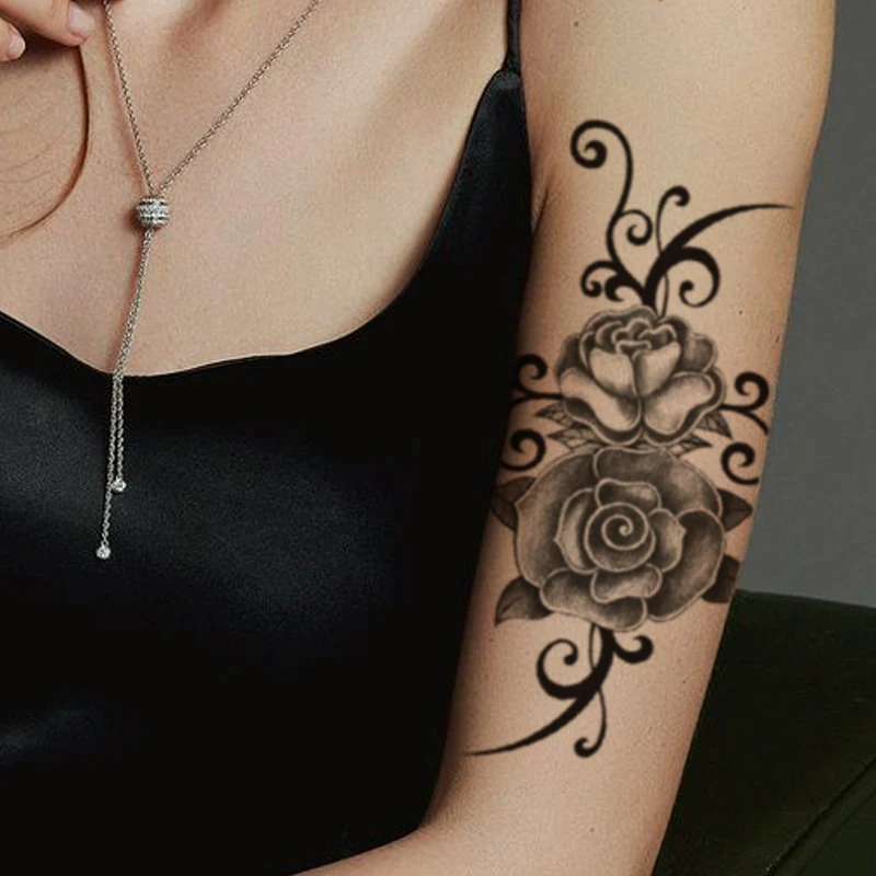 Waterproof Temporary Tattoo Sticker Black Rose Flowers Vine Totem Design Fake Tattoos Flash Tatoos Arm Body Art for Women Girl