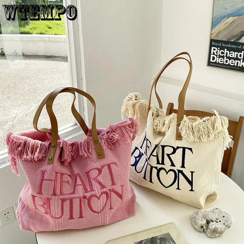 Letter Embroidered Shoulder Underarm Messenger Bag Tassel Canvas Bags Large Capacity Women's Beach Handbag Travel Shopping Tote