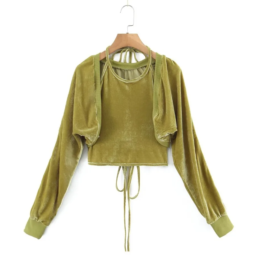 

YOZOU комплект из двух предметов, бархатная укороченная куртка, зеленая, черная, блестящая, корейский Кардиган, женская уличная одежда Y2k, верх...