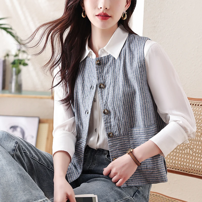Новинка 2024 модный весенне-осенний полосатый Повседневный жилет из хлопка и льна