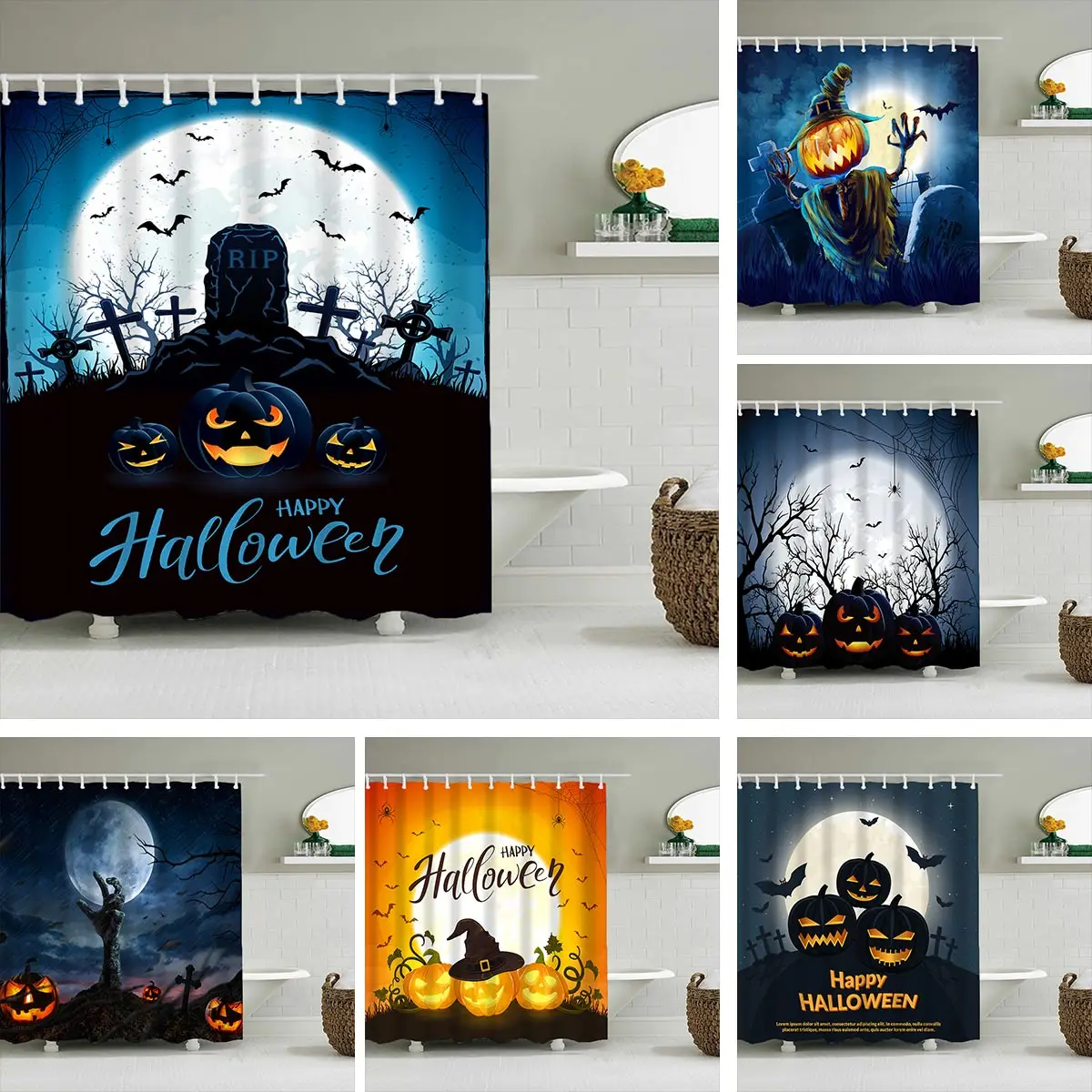 

Занавеска для душа, ткань с ужасным 3D принтом на Хэллоуин, Пастельная Водонепроницаемая Штора для ванной, с тыквой, летучая мышь, домашний де...