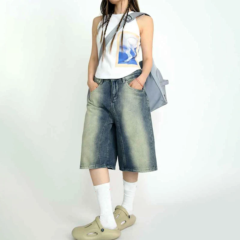 Шорты женские джинсовые в стиле ретро повседневные брюки с широкими штанинами