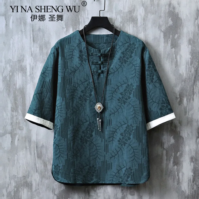 Кимоно в японском стиле, мужская короткая рубашка с половиной рукавов ...