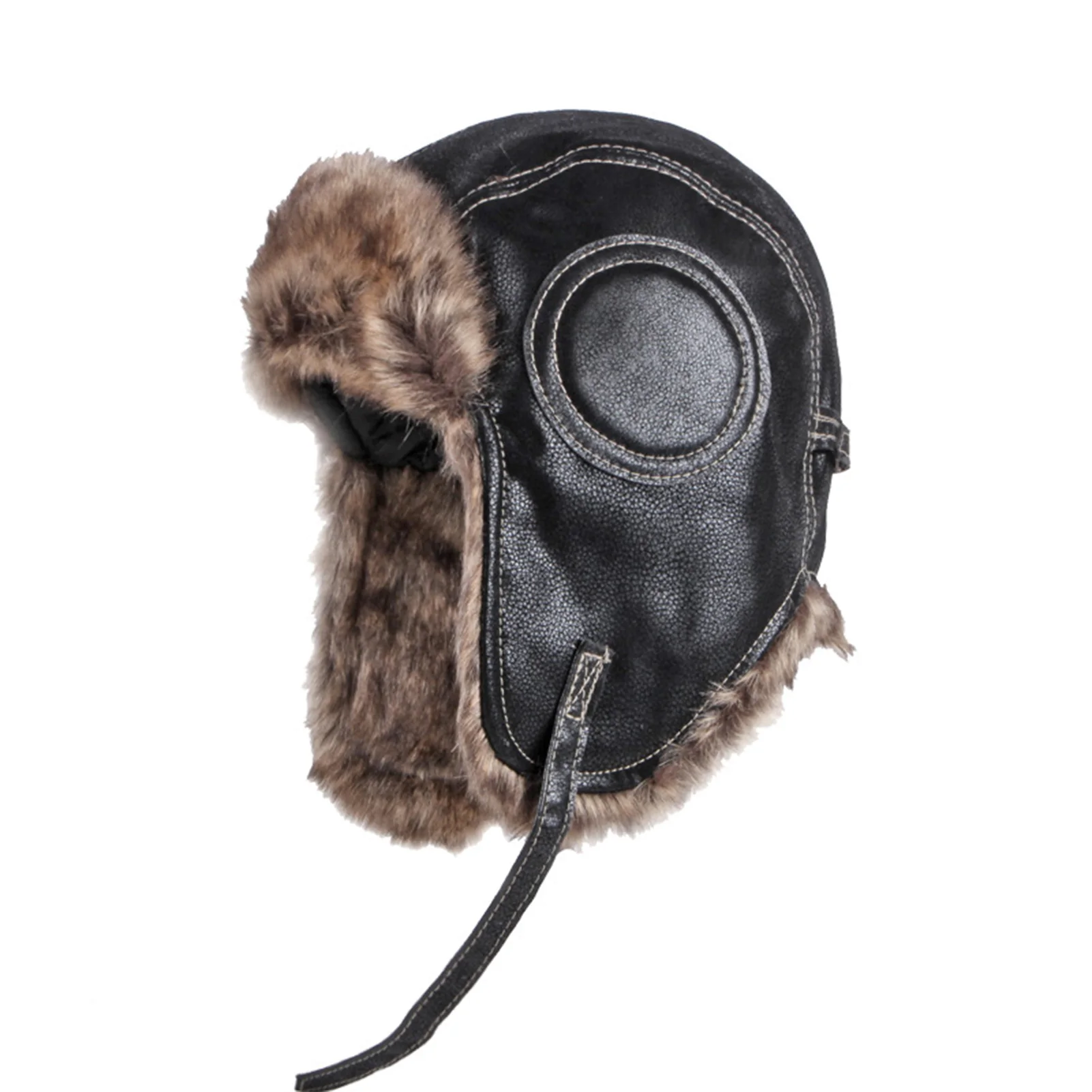 Northeast Winter  Hat Warm Faux Fur Windproof Hat with PU Leather for Outdoor Motorcycle Biker