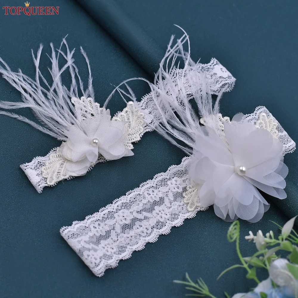 

TOPQUEEN Wedding Gift Party Bride Leg Flower Sexy Lace Elastic Leg Garter Belt With Feather Suspender Thigh Harness ST48 ST49