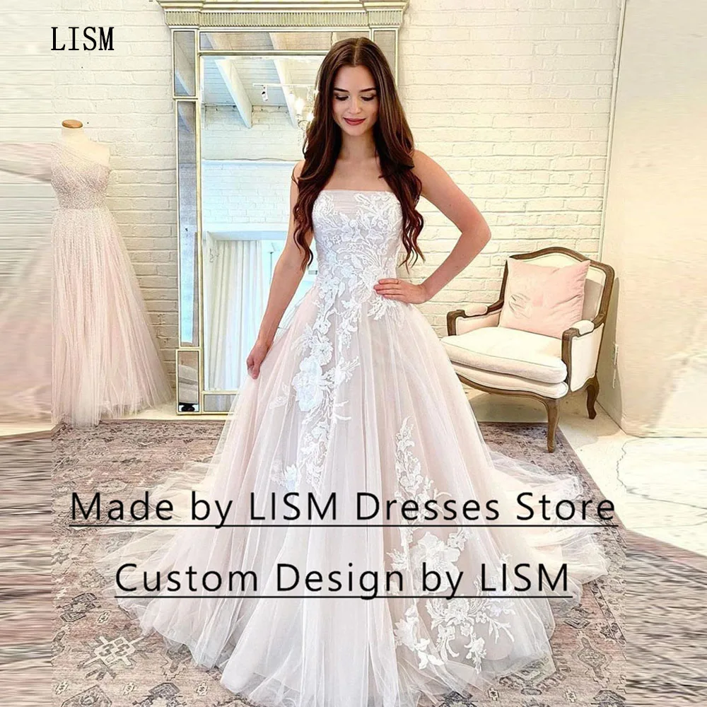 

LISM A-line Strapless Bridal Gowns Princess Boat Neck Appliques Lace Floor Length Sleeveles Elegant Bodice Wedding Party Dresses