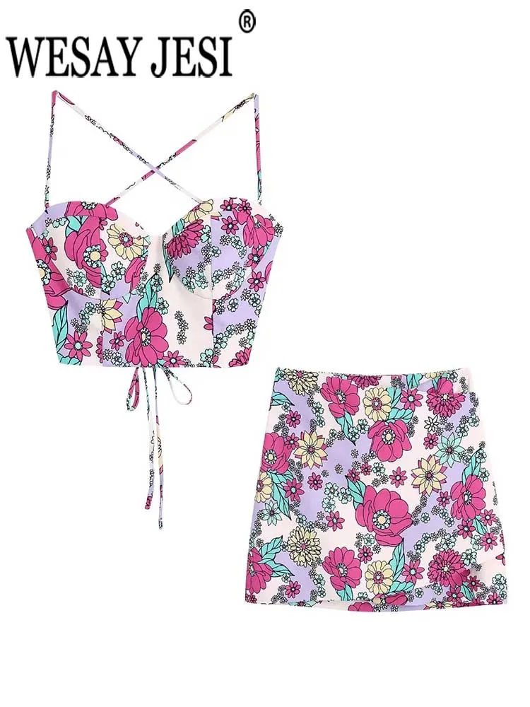 

WESAY JESI модная женская майка мини юбка комплект из 2 предметов с лямкой через шею с открытой спиной с перекрестными лямками жилет + простая бед...